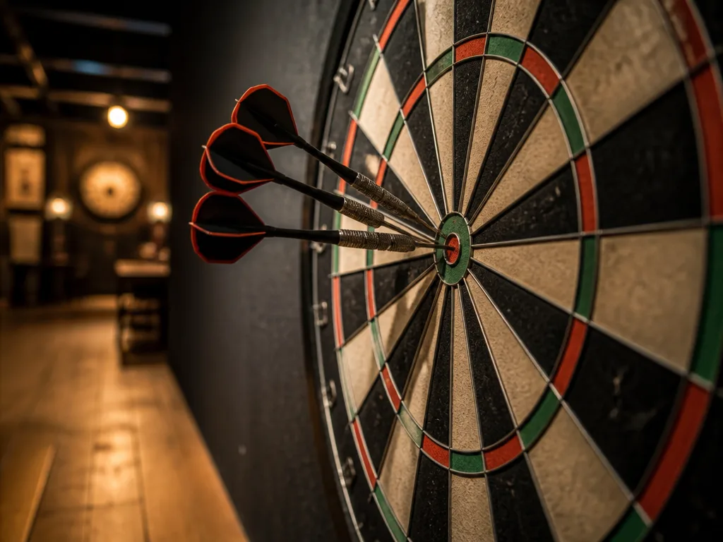Darttavla på mörk vägg med tre stålpilar nära bullseye i varm pubbelysning
