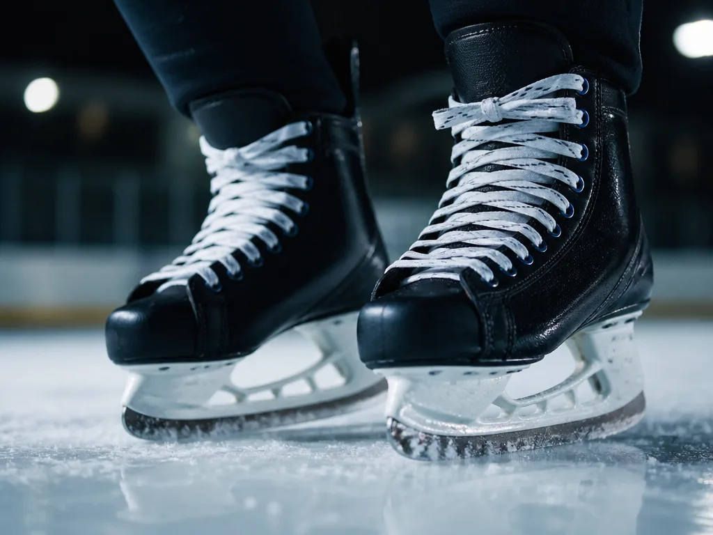 Snörade ishockeyskridskor i närbild på en isrink