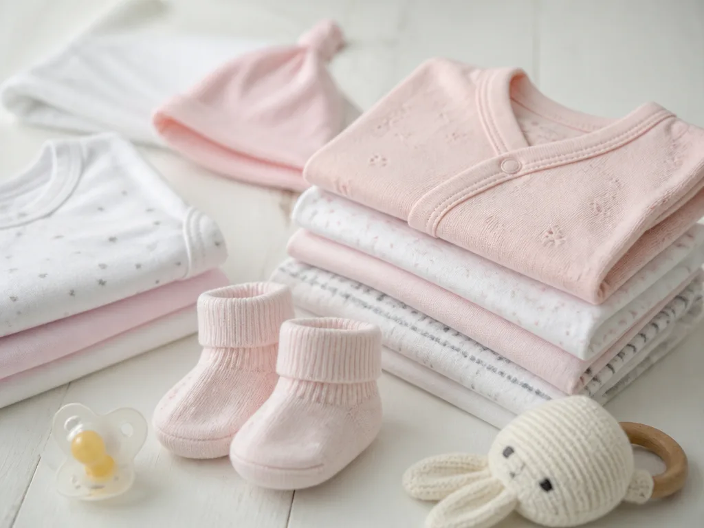 Nyfödda babykläder i pastell vikta och arrangerade på vitt träunderlag med mjukt naturligt ljus