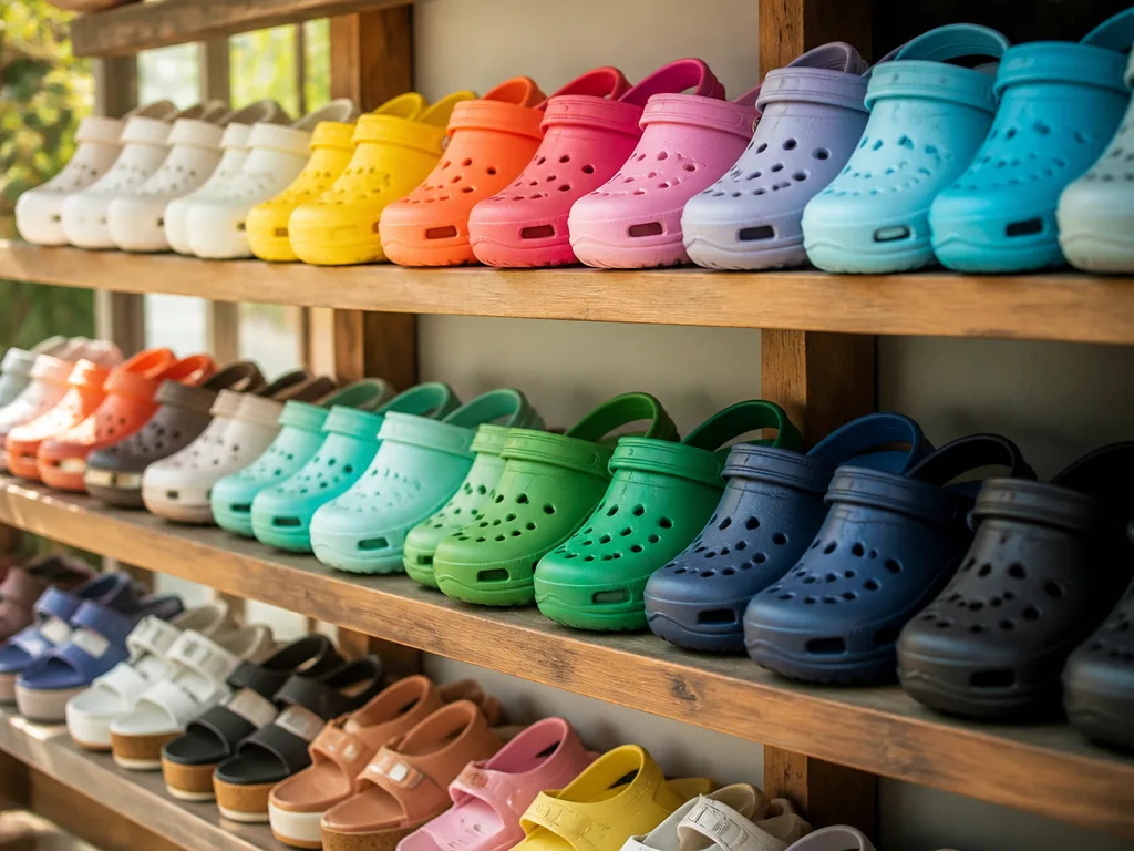 Rad av Crocs-skor och sandaler uppställda på en hylla i en skoaffär