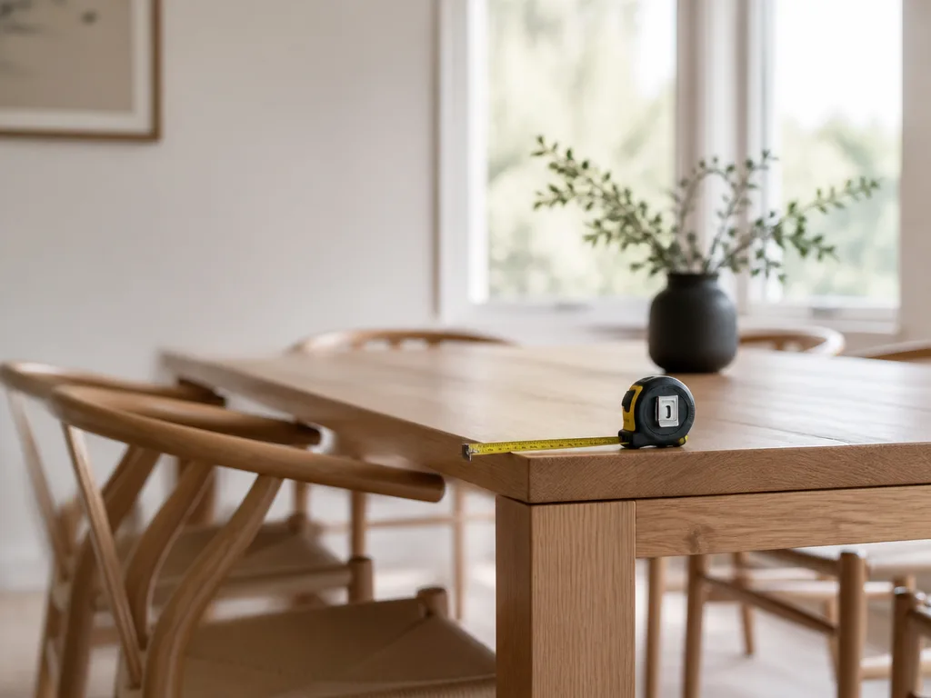 Ljust skandinaviskt matrum med ett matbord i trä, matchande stolar och ett måttband på bordskanten