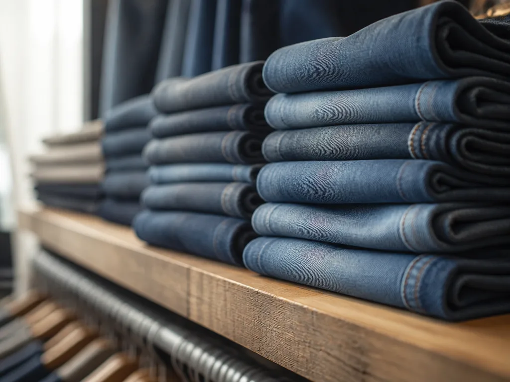 Flera par jeans i olika nyanser hopvikta på hylla i en klädaffär