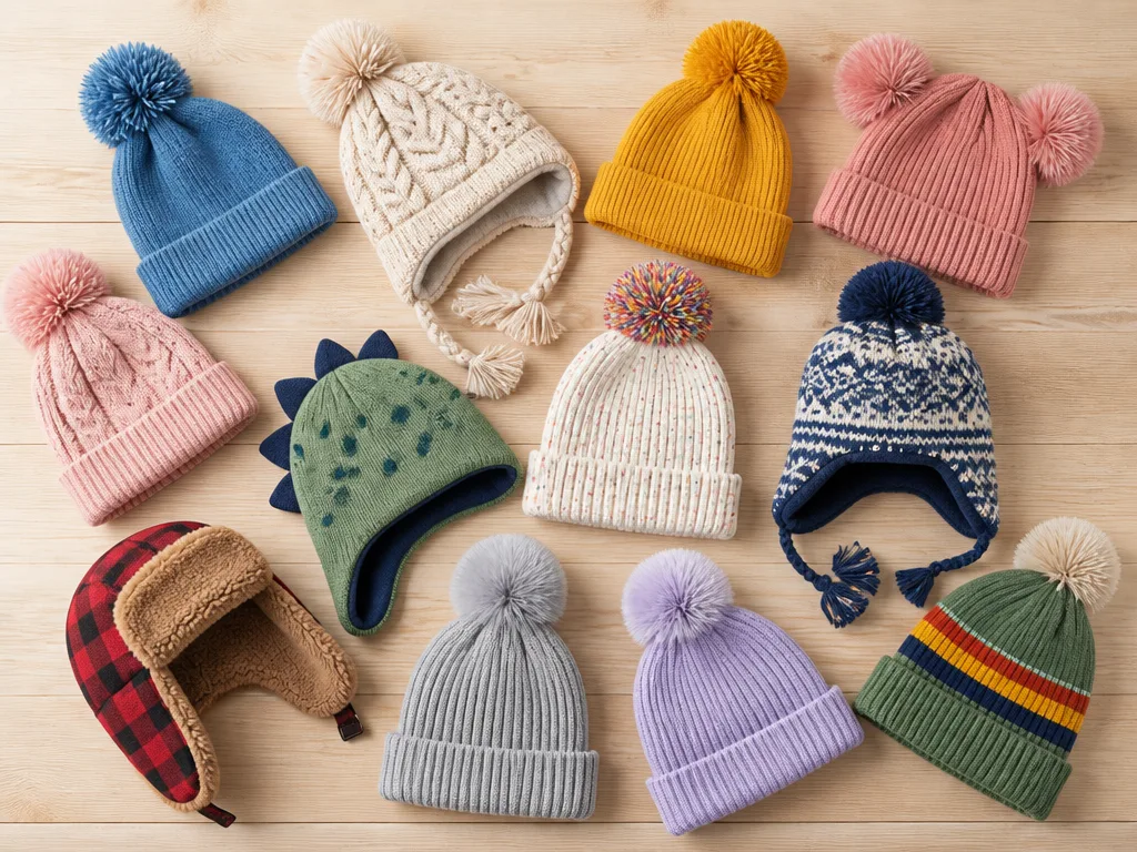 Färgglada barnmössor och beanies arrangerade i flat-lay på ljus träyta i naturligt ljus