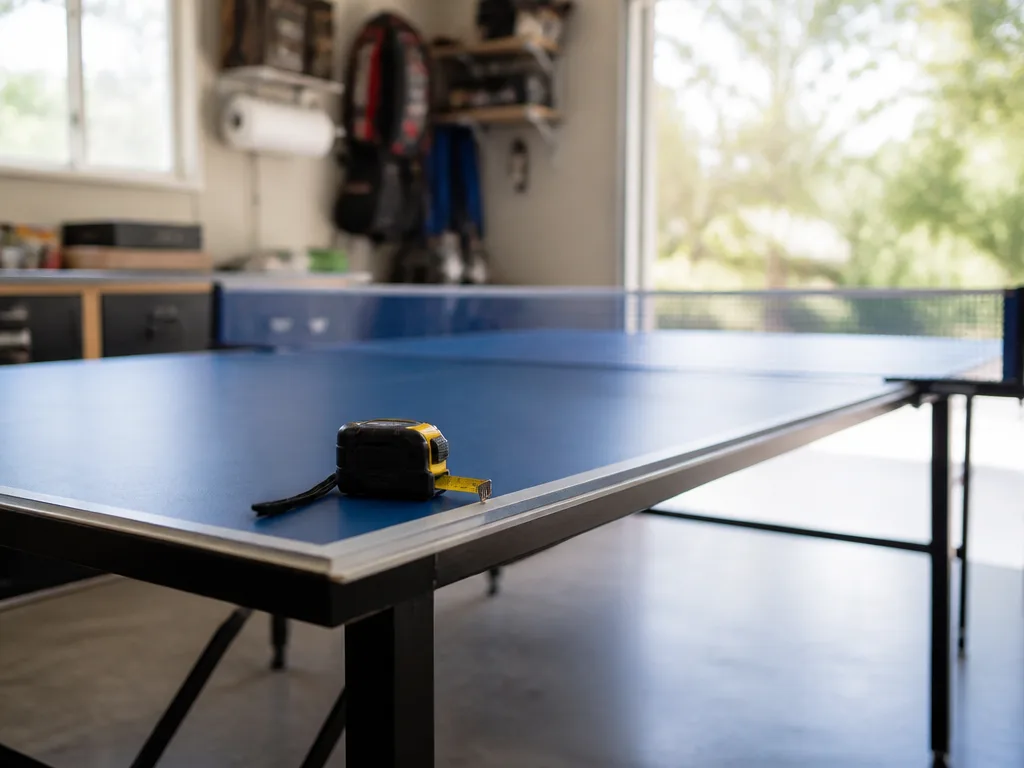 Ett pingisbord med nät i ett ljust garage, med ett måttband på bordskanten