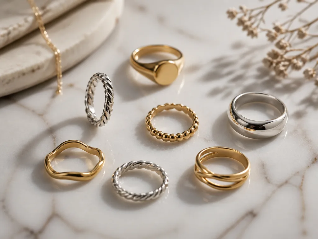 Silver- och guldringar arrangerade på vit marmoryta, flat lay-fotografi