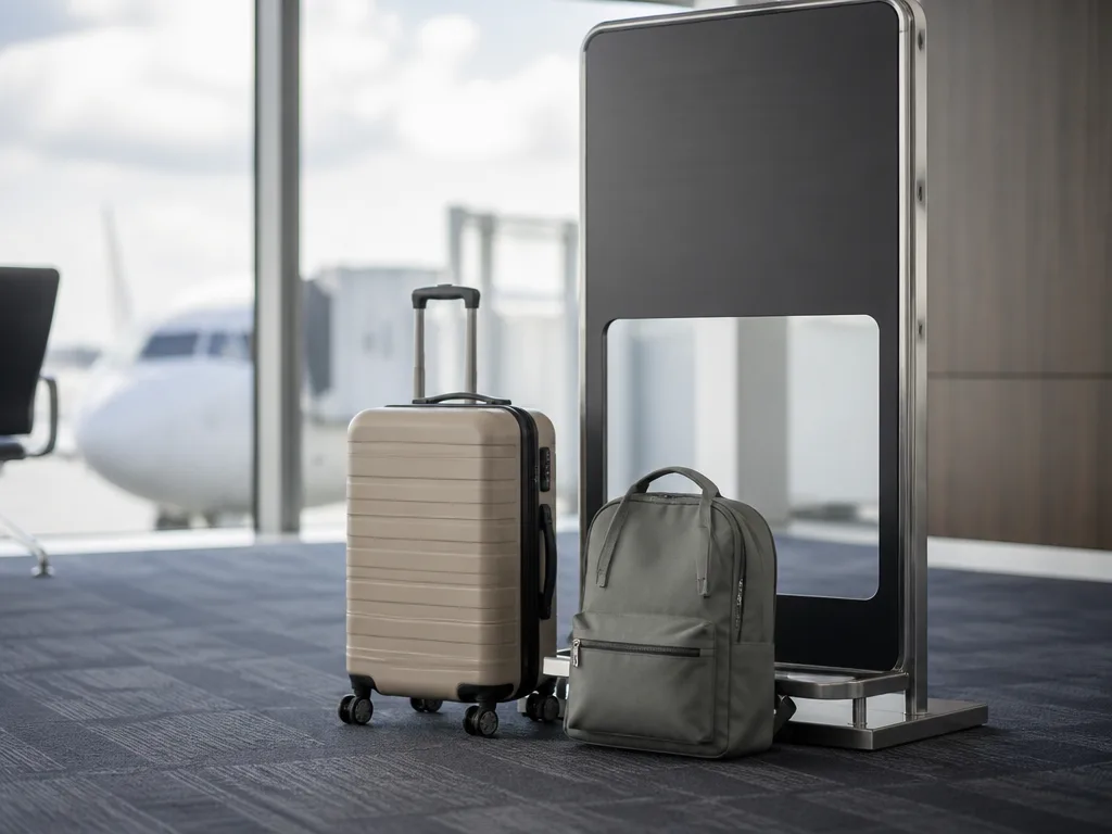 En liten resväska och en kompakt ryggsäck vid en mätram för handbagage på en flygplats