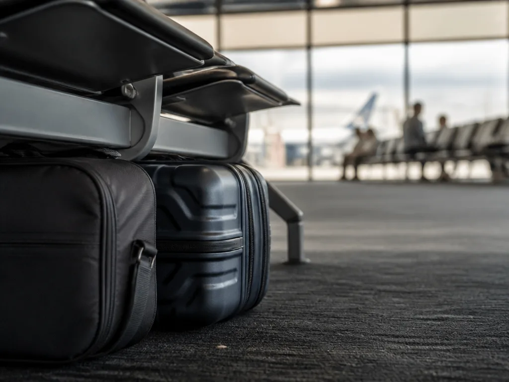 En liten kabinväska och en personlig väska placerade under ett flygplanssäte på flygplatsen