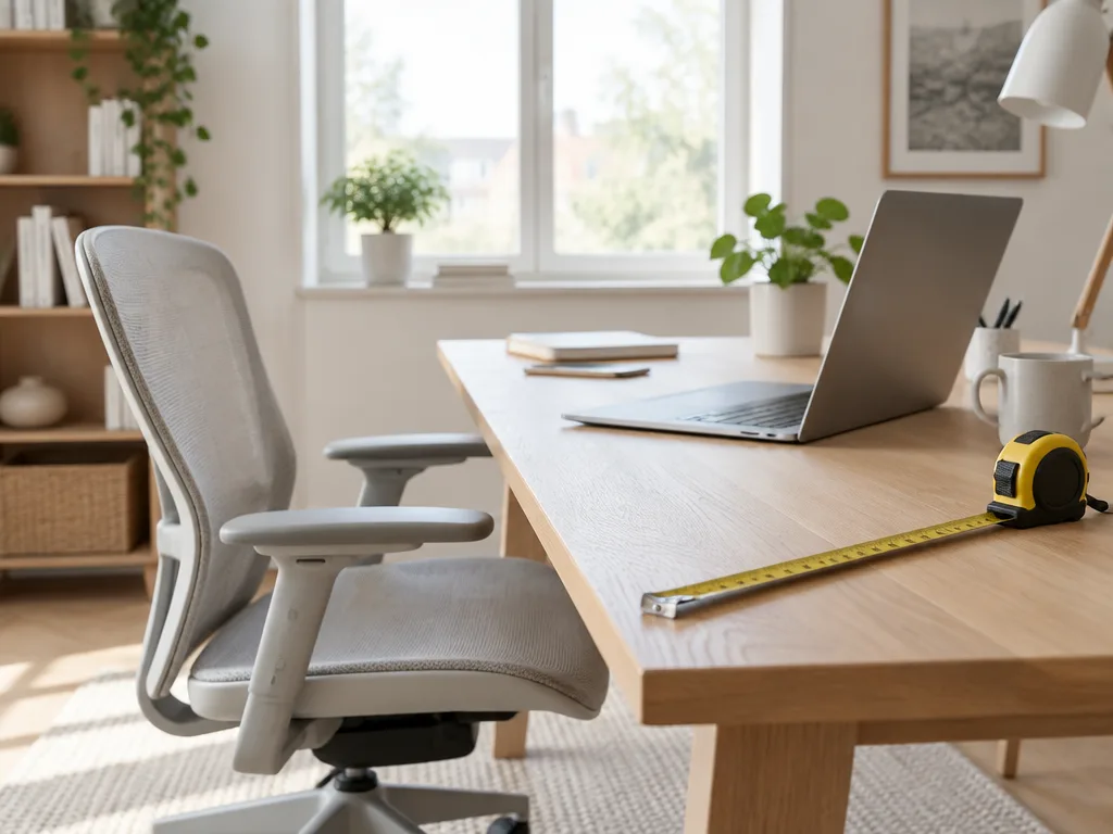 Ljust hemmakontor med ett skrivbord i ek, en ergonomisk kontorsstol, en laptop och ett måttband längs bordskanten
