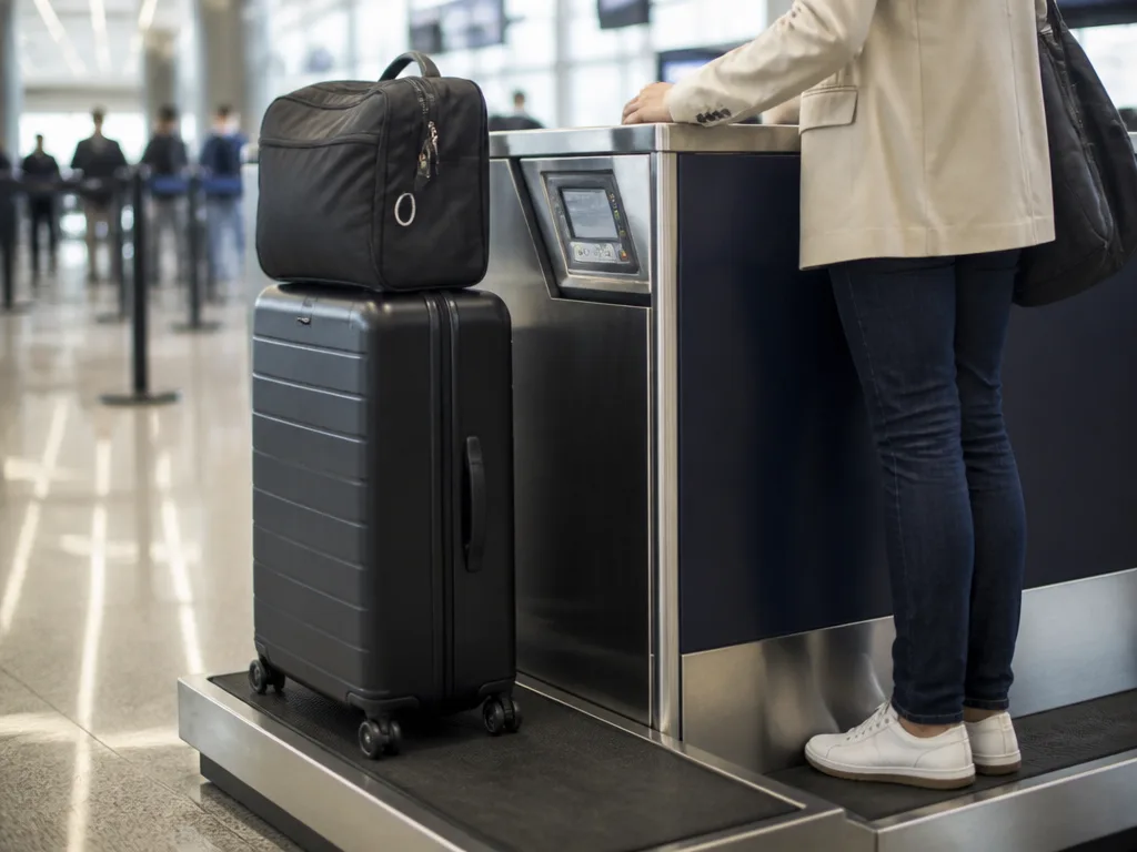 En resväska och en kabinväska på en bagagevåg vid en incheckningsdisk på flygplatsen