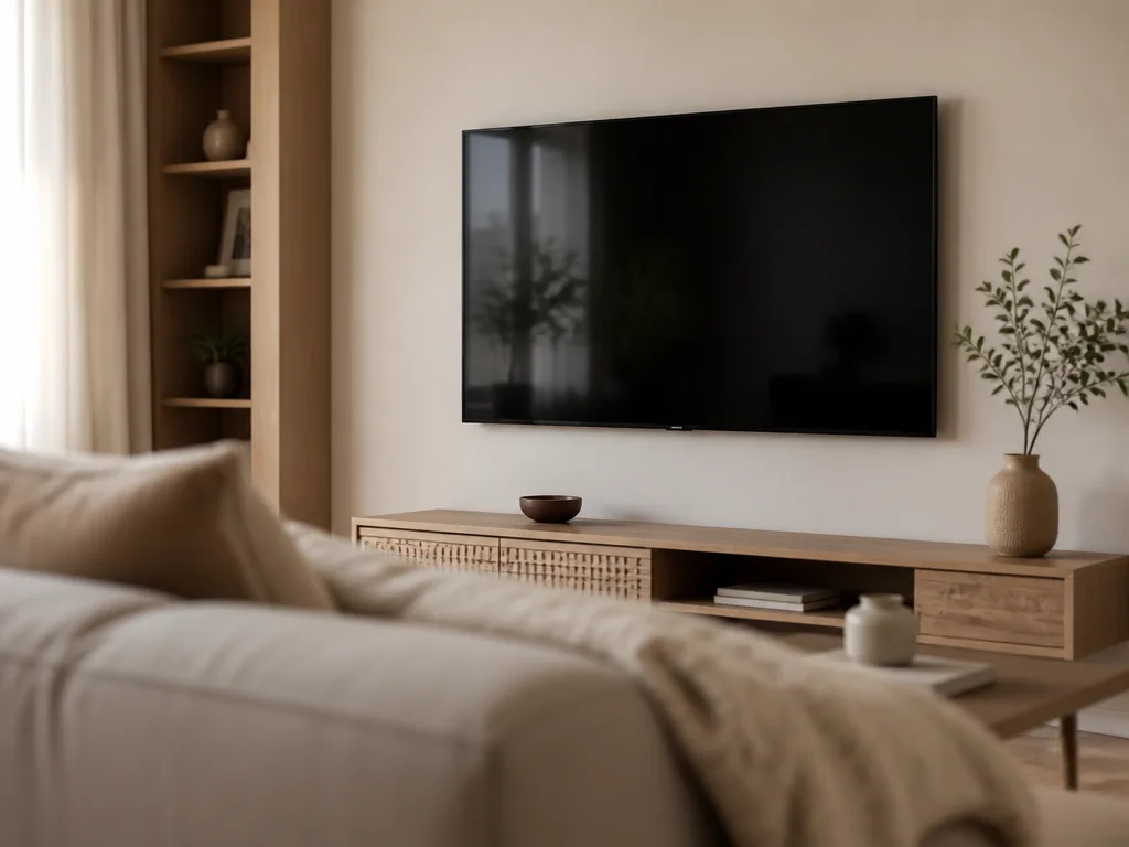 En modern platt tv monterad på en vägg i ett ljust vardagsrum med soffa