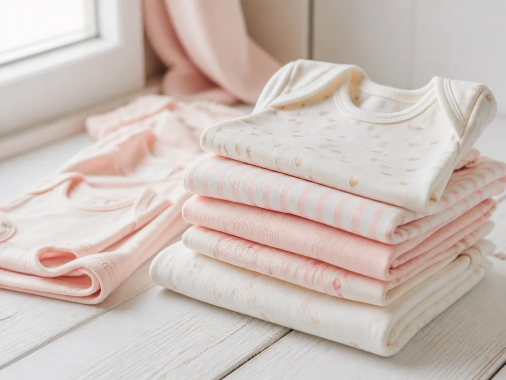 Mjuka pastellfärgade babykläder – omlottbodies och sparkdräkter i grädde och ljusrosa – vikt och arrangerade på en vit trähylla i naturligt fönsterljus