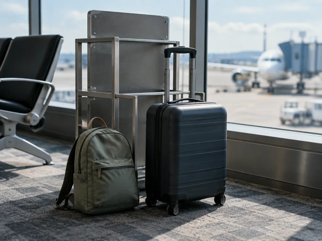 En grön ryggsäck och en liten kabinväska bredvid en mätram för handbagage vid gaten på en flygplats