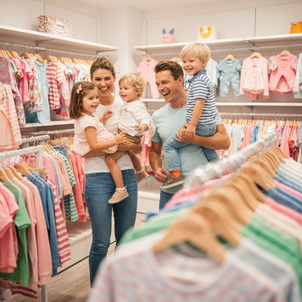 Familj som shoppar barnkläder i butik